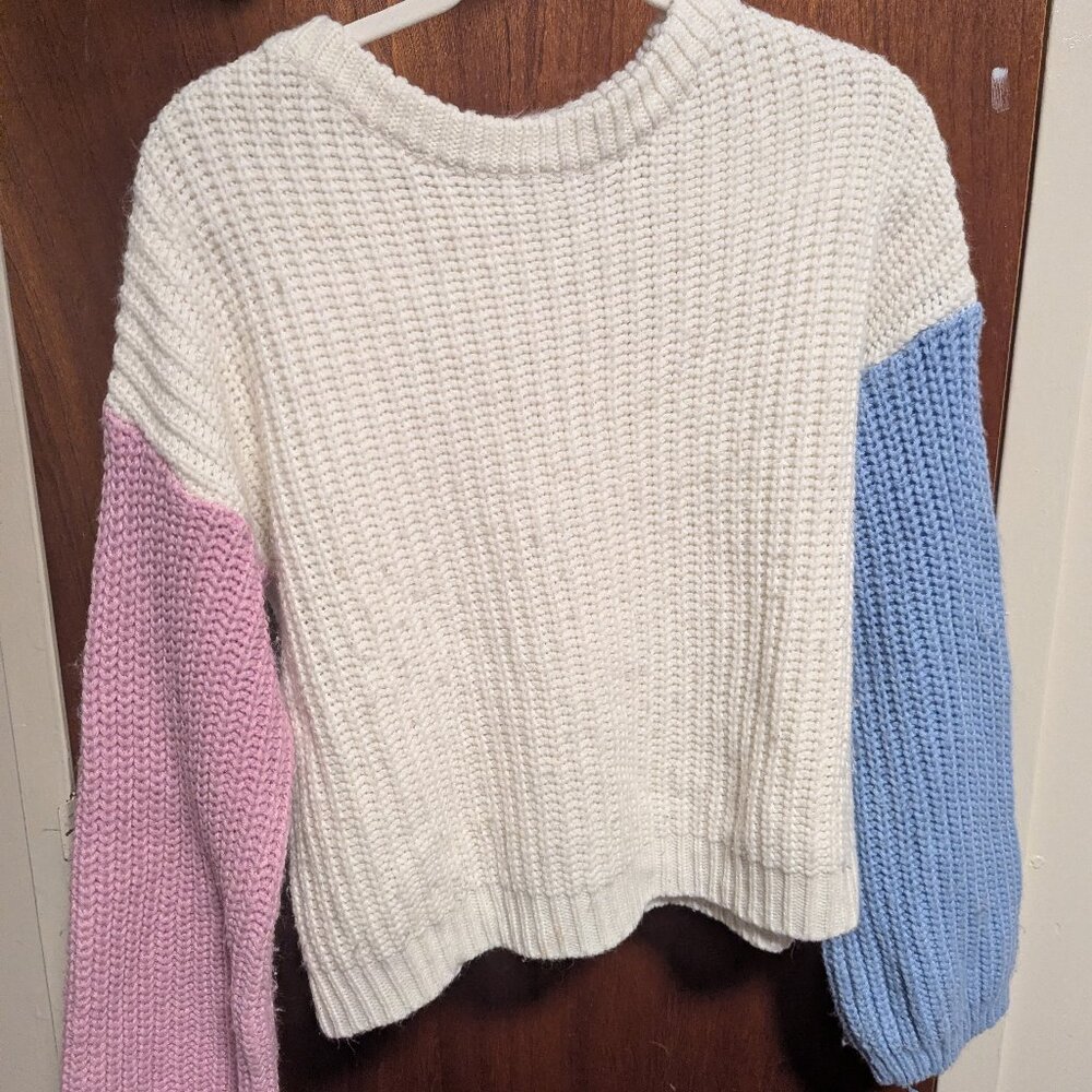 blue white and pink sweater